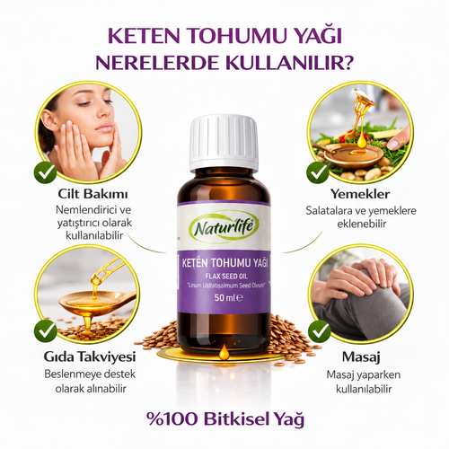 %100 Doğal Soğuk Sıkım Keten Tohumu Yağı – Cilt, Yemek ve Masaj İçin (50 ml)