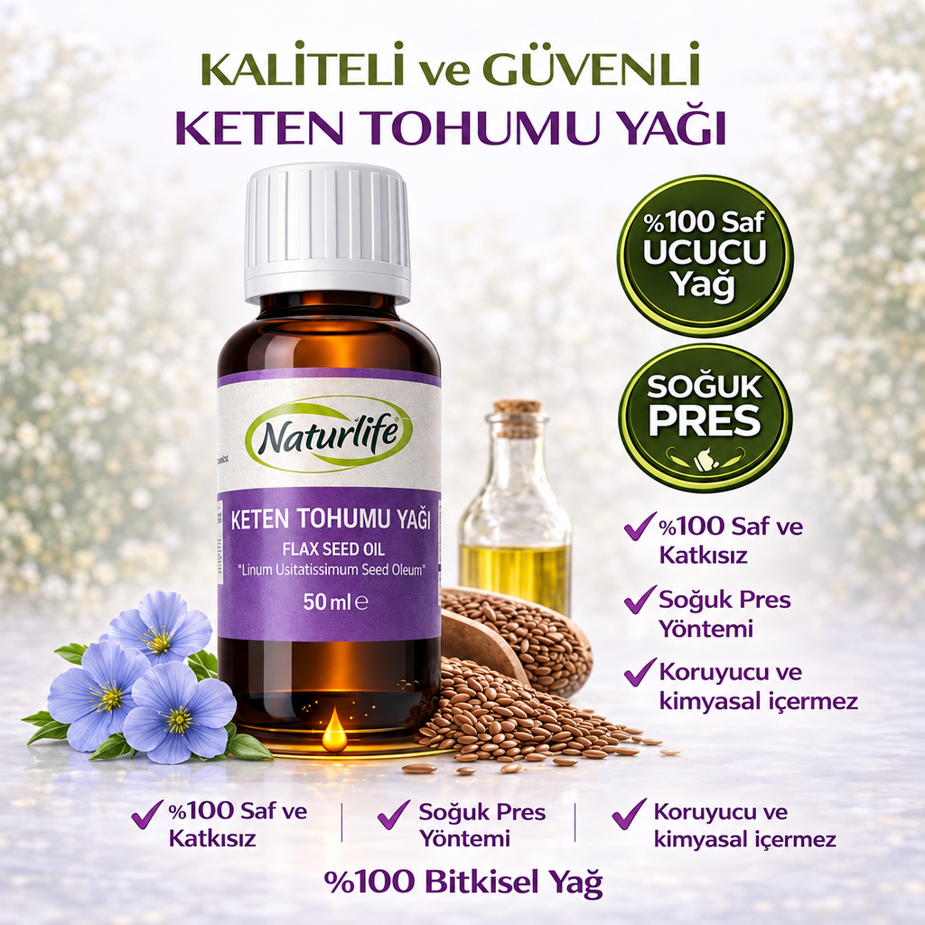 %100 Doğal Soğuk Sıkım Keten Tohumu Yağı – Cilt, Yemek ve Masaj İçin (50 ml)