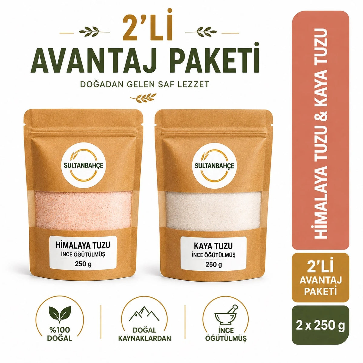Doğal Tuz İkilisi | Himalaya Tuzu & Kaya Tuzu 2*250 Gr - Öğütülülmüş - Sofralık