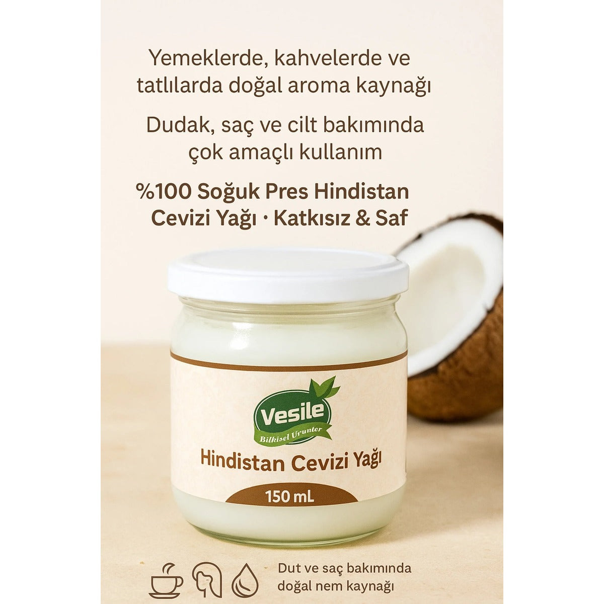 Doğal Hindistan Cevizi Yağı | Soğuk Sıkım, Yenilebilir (Gıda ve Kozmetik)